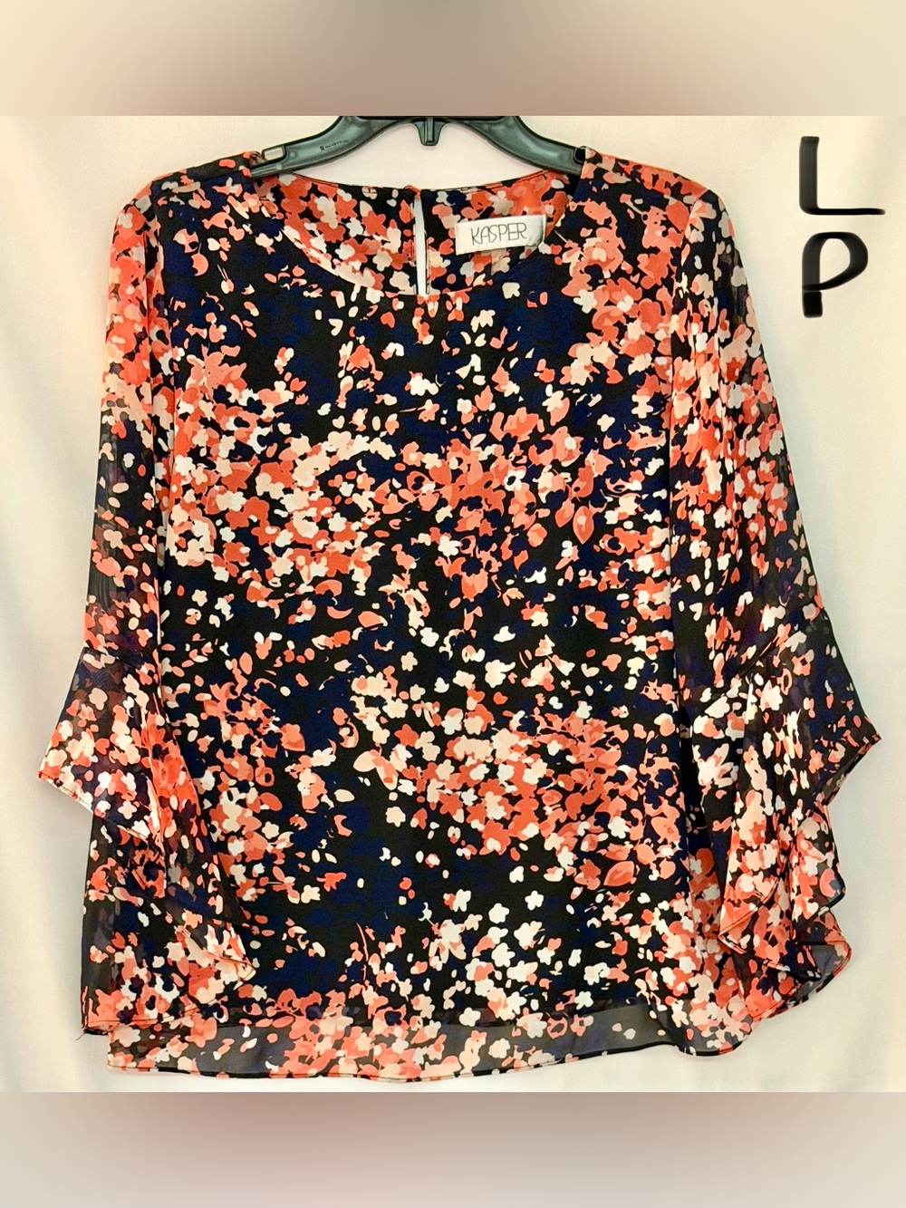 Kasper Navy Coral and White Floral Blouse